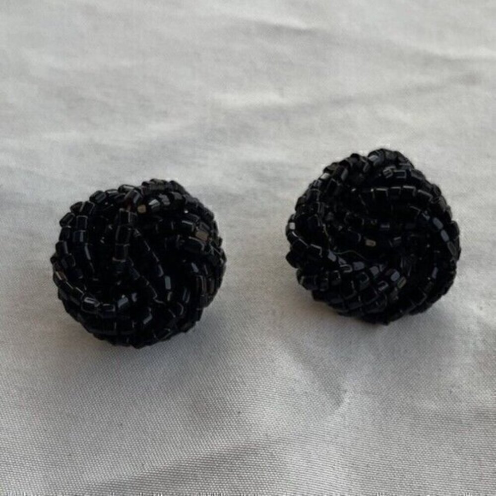 Vintage West Germany Beaded Cluster Earrings Clip-On Faceted Jet Black Glass